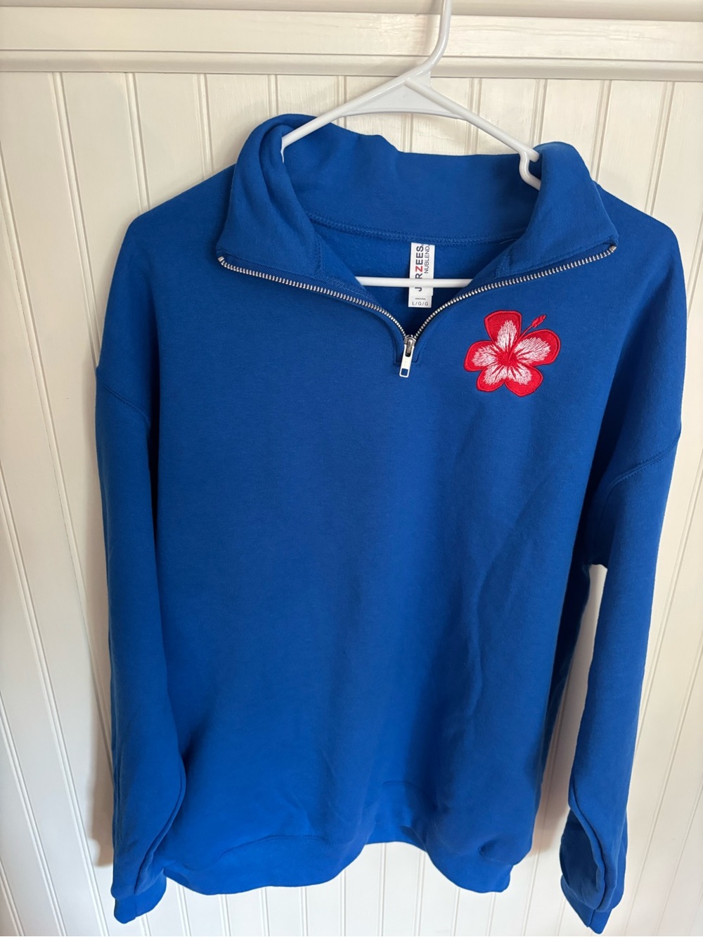 NWOT Jersees Royal Blue Half-Zip Sweatshirt with Red Embroidered Flower